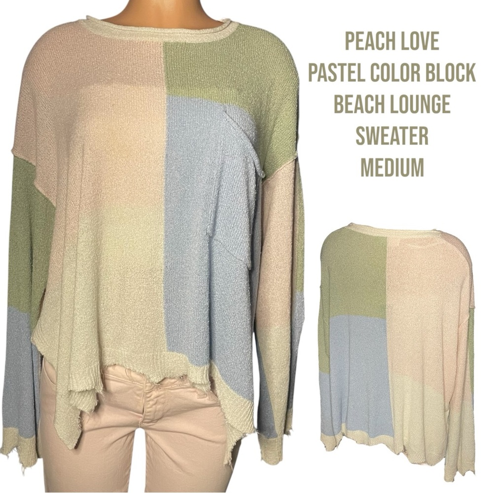 Peach Love California Green and Blue Crew Neck Sweater